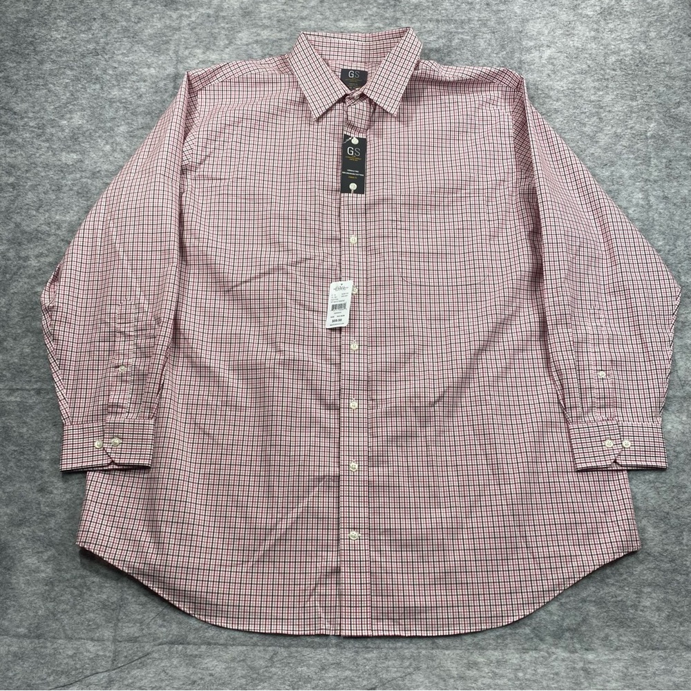 GS Mens Red/Black‎ Pin Check Classic Fit Wrinkle Free LS Button Down 18 1/2